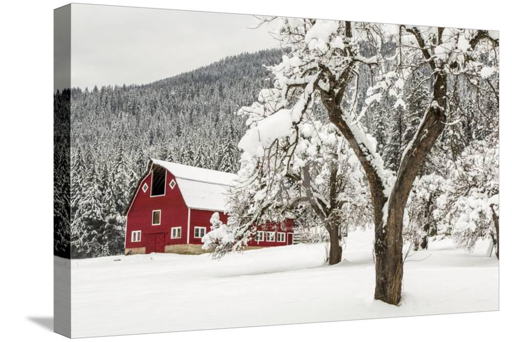 Fresh Snow on Red Barn Near Salmo, British Columbia, Canada Winter Scene Stretched Canvas Print Wall Art by Chuck Haney Sold by Art.Com