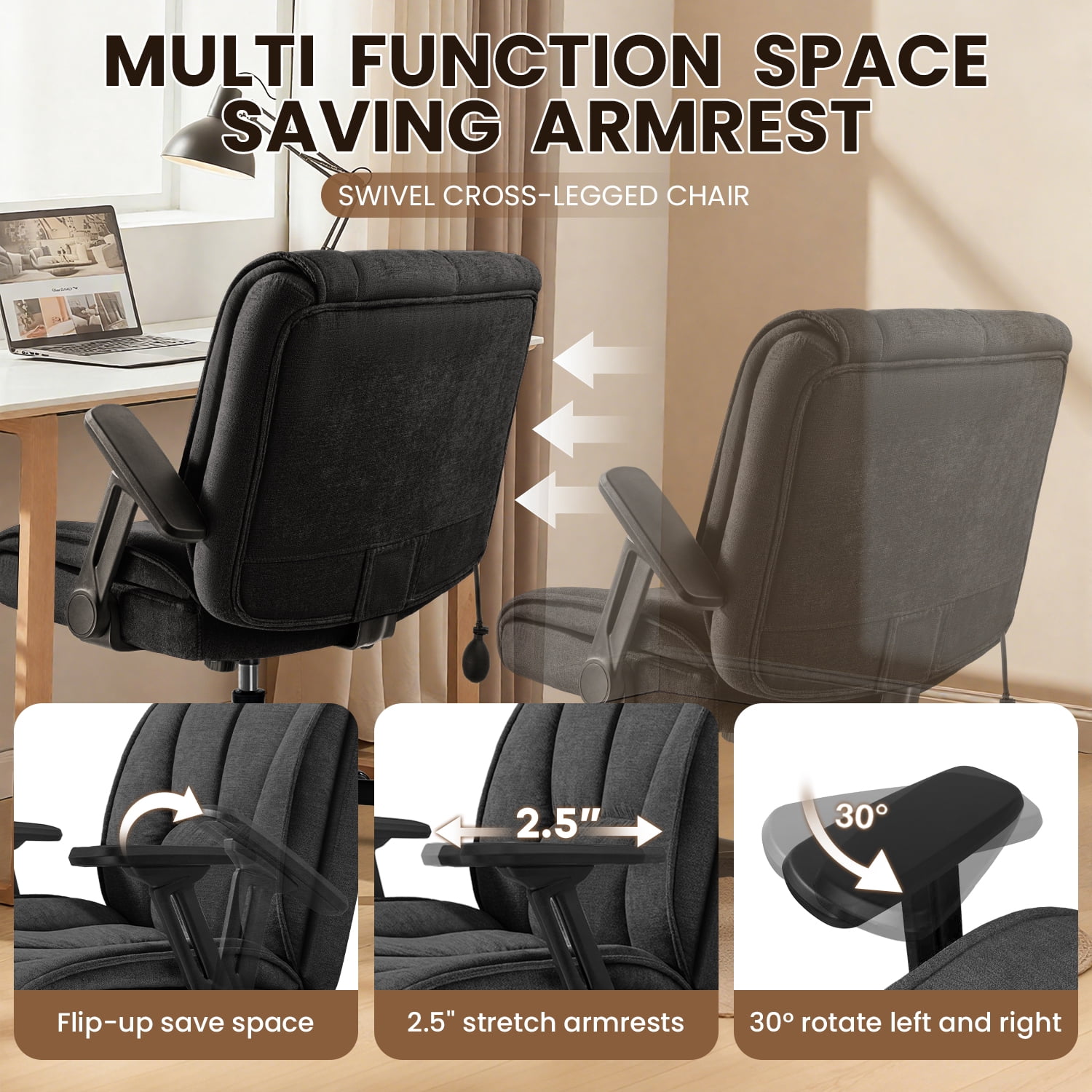 BOSSIN Criss Cross Chair with Wheels,Cross Legged Office Chair,Wide Criss Cross Chair with Flip-Up Arms & Extra-Deep Seat Thickened for Office Chair,Plush Cushion,Cute,Comfy,Black