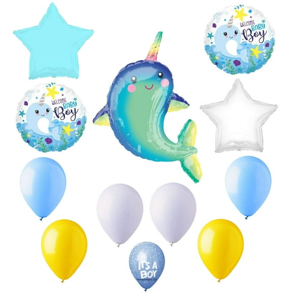 DalvayDelights It's a Baby Welcome Boy Narwhal Shower Beach Blue 12 Piece Party Mylar & Latex Balloons Set