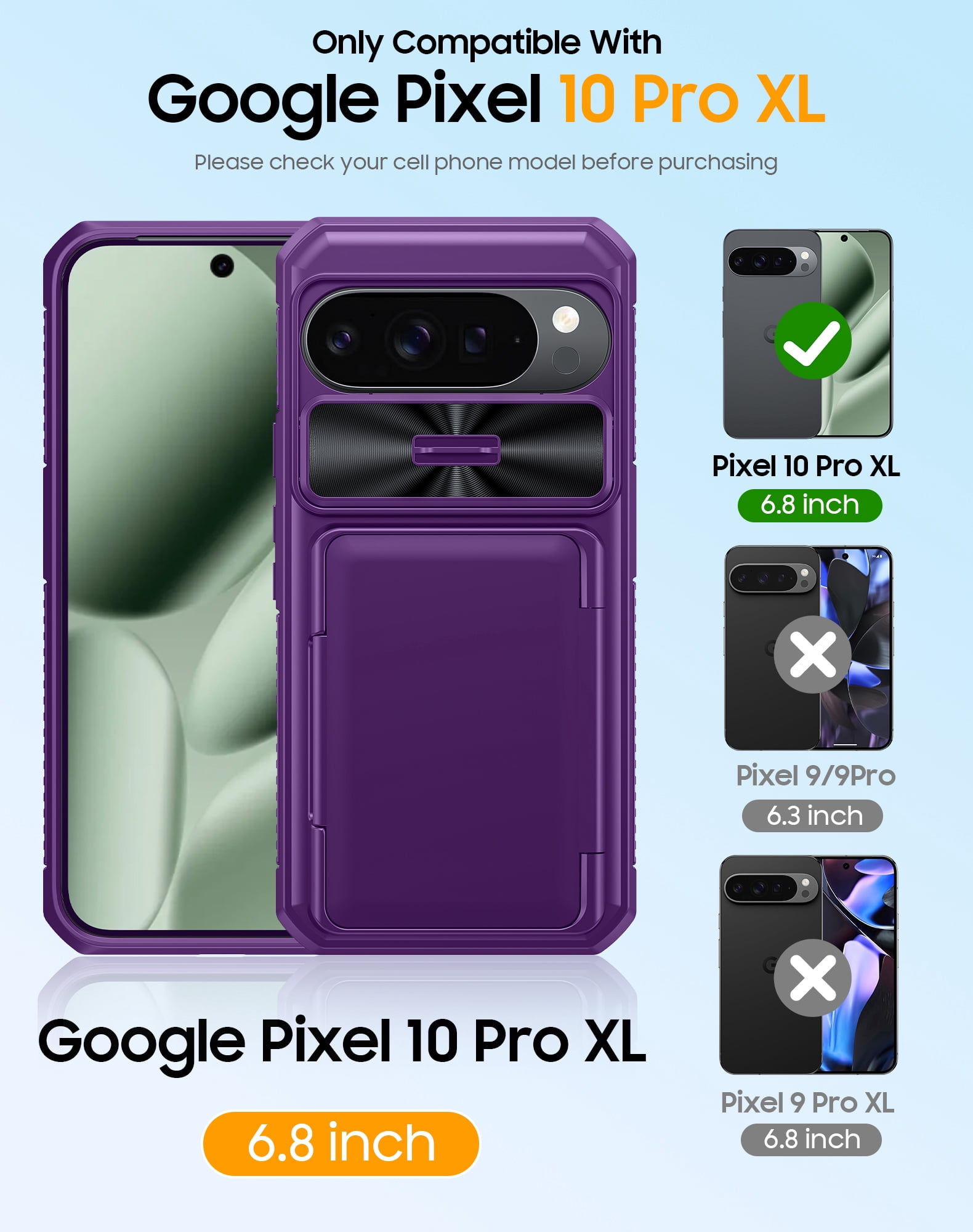 Vizvera for Google Pixel 10 Pro XL Wallet RFlD Cards Holder,Camera Control,Camera Cover,Rugged Shockproof Silicone Protective Phone Case-Purple