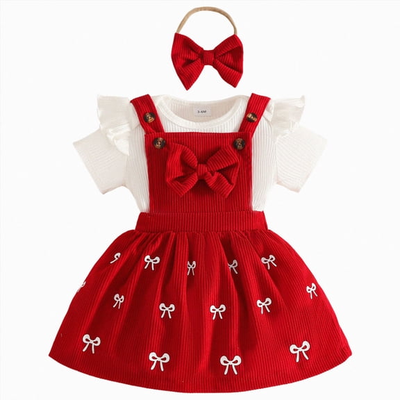 KPOPLK Baby Girl Clothes Toddler Girl Summer Outfit Short Sleeve Ruffle Romper Suspender Skirt Headband Set for 0 3 6 9 12 18 Months 2T 3T(12-18 Months,Red)