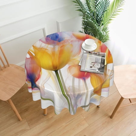 Watercolor Flower Round Tablecloth 60 Inch Polyester Table Cover Kitchen Dinning Washable Indoor Outdoor Party Wedding Picnic Holiday