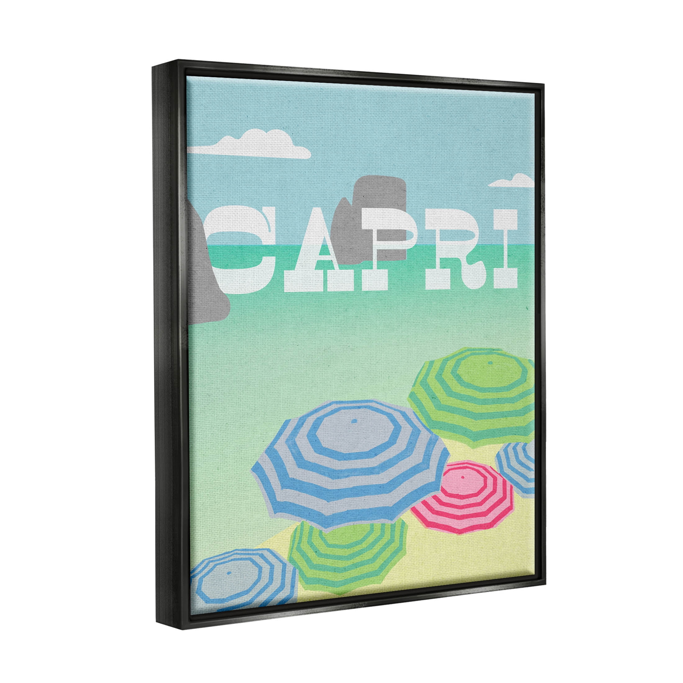 Stupell Industries Capri Beach Shore Umbrellas Graphic Art Jet Black Floating Framed Canvas Print Wall Art, Design by Lil' Rue