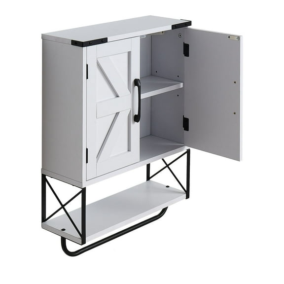 KFFKFF Bathroom Wall Cabinet with 2 Doors & Adjustable Shelf, Over-the-Toilet Storage Medicine Cabinet, Wall-Mounted Organizer with Open Shelf & Towel Bar for Laundry Room or Kitchen, White