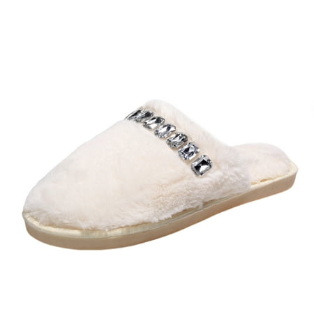

QYZEU Massage Slippers for Women Portable Slippers for Women Ladies Fashion Solid Color Plush Rhinestone Decorative Closed Toe Flat Casual Cotton Slippers