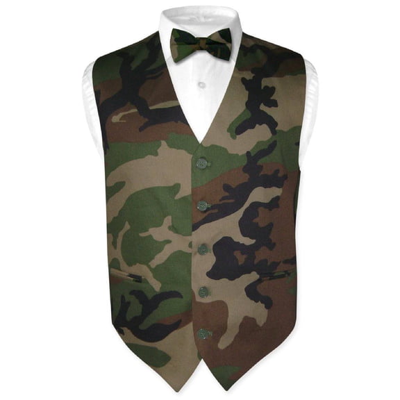 Men's ARMY Dress Vest & BOWTIE Dark Green Camouflage Color Bow Tie Set XL