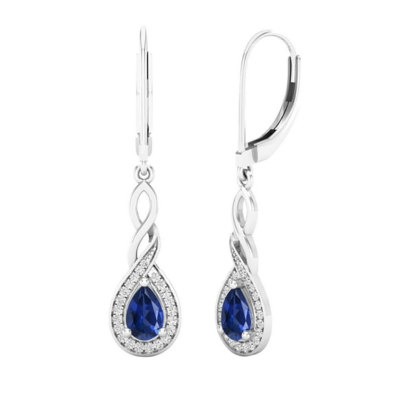 Dazzlingrock Collection Pear Lab Created Blue Sapphire, Round Diamond Earrings, Sterling Silver