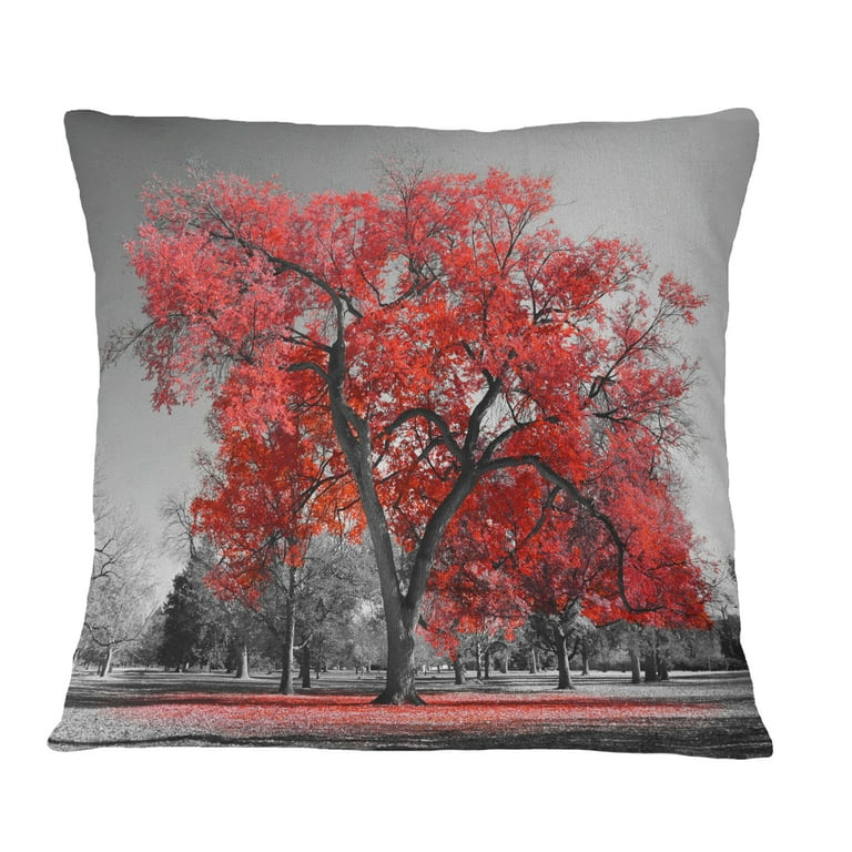 Designart Big Red Tree on Foggy Day Landscape Printed Throw Pillow 16x16 Walmart