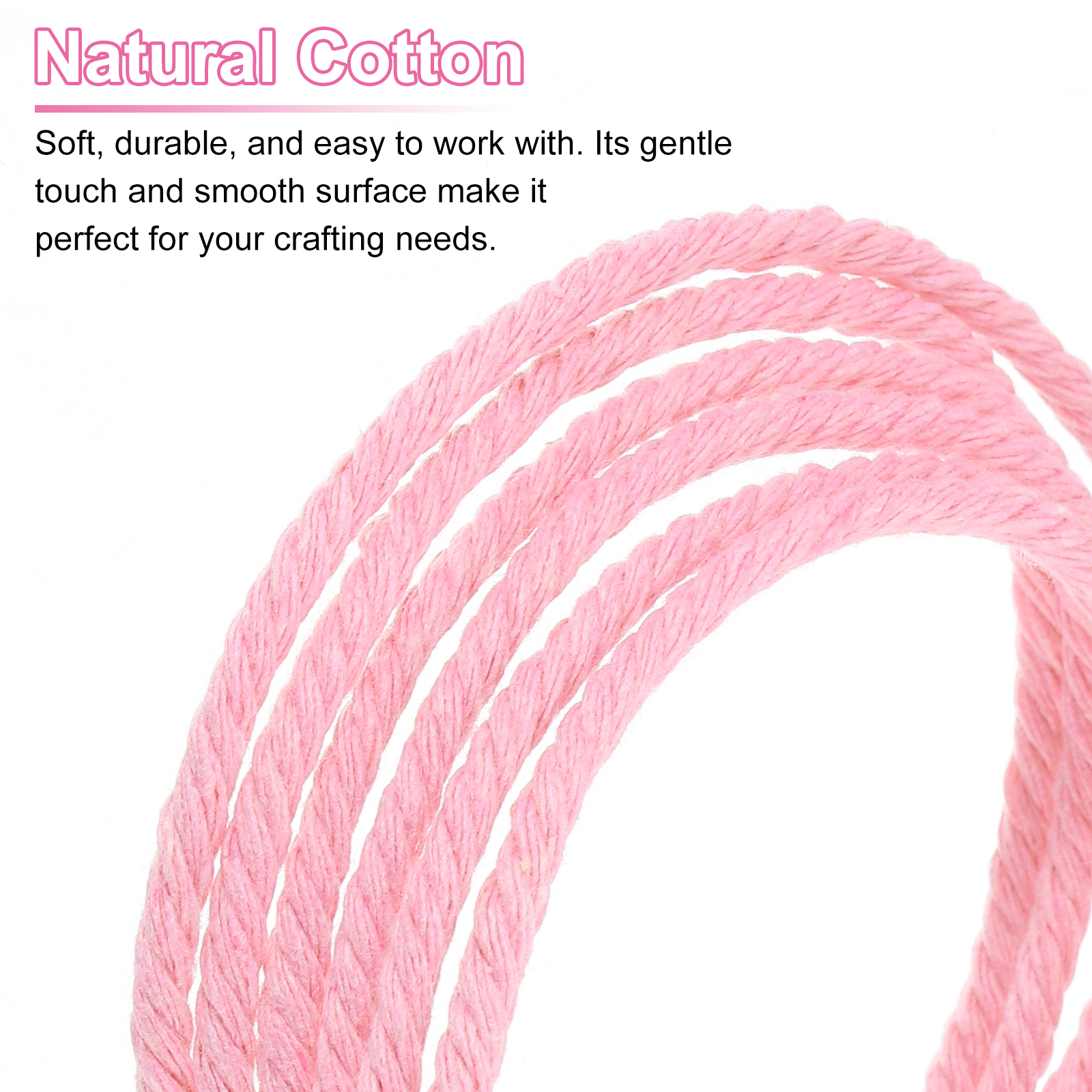 Uxcell Natural Macrame Cord 3mm x 328 Yards 4 Strand Twisted Cotton Macrame Rope for DIY Knitting Plant Wall Hanger Dreamcatcher, Light Pink