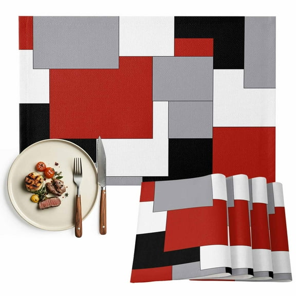 Black White Red Colored Blocks Placemats Set of 2, Abstract Table Mats Washable Heat-Resistant Non-Slip Place Mats for Kitchen Dinner Table Indoor Outdoor Decor,13x19 Inch