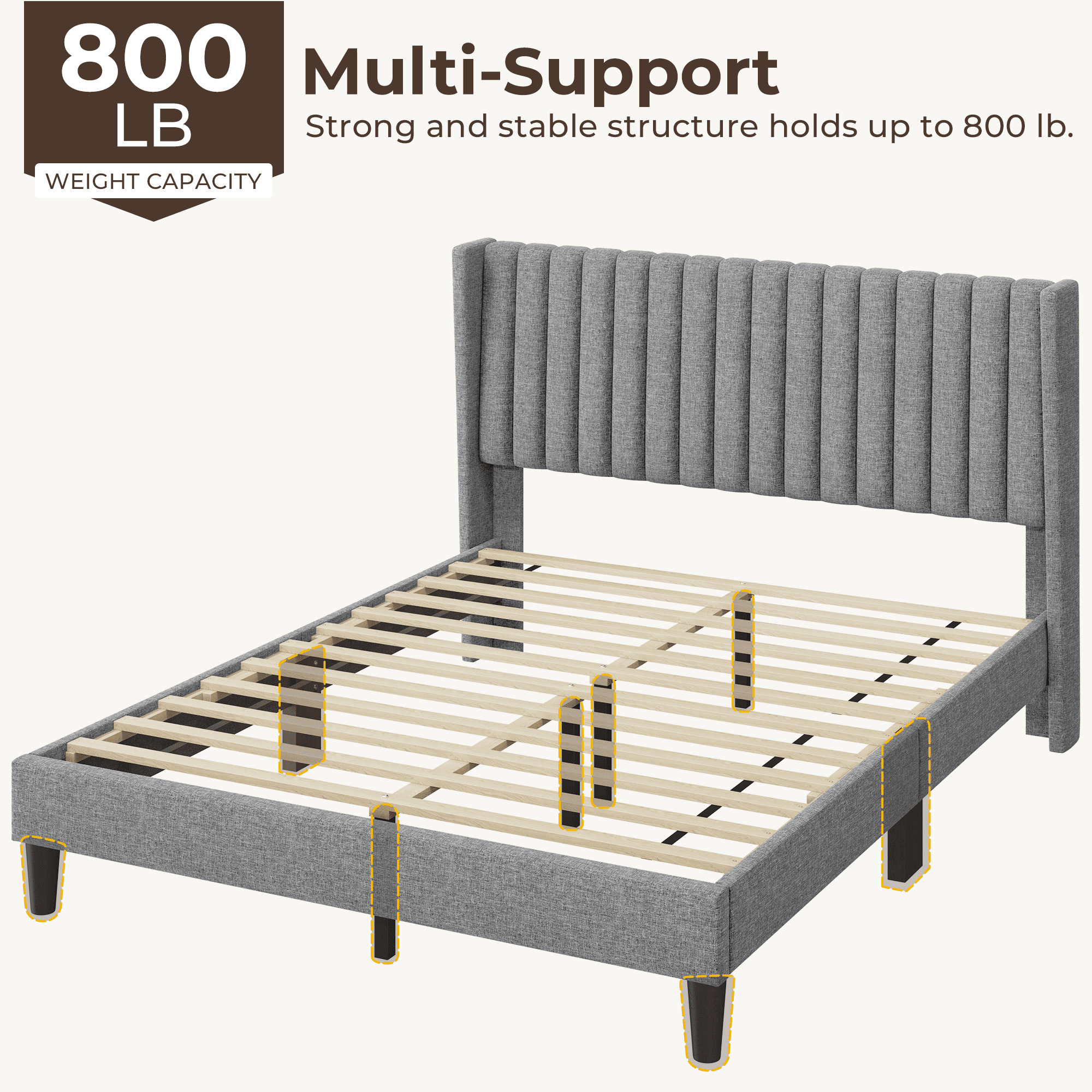 Renwick Fabric Upholstered Bed Frame with Channel Tufted Headboard, Light Gray