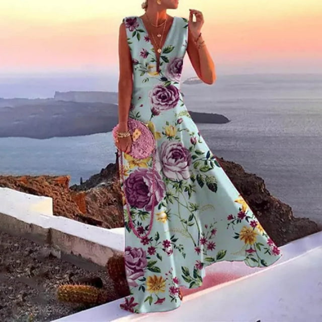 Lenago Robes Grande Taille pour Femmes 2023 Mode Décontractée Été Sans Manches Col en V Robe Imprimée Fermeture Éclair Robe Longue Robes de Plage en Solde