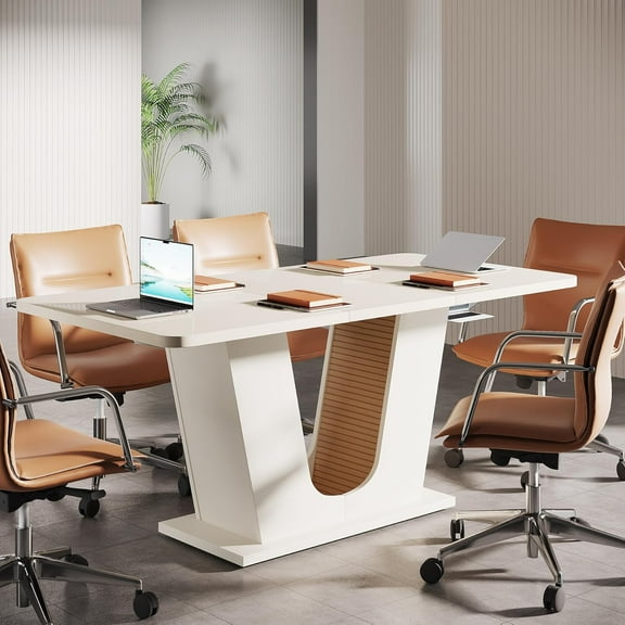 Tribesigns 55-Inch Conference Table, Rectangular Small Meeting Table for 4-6 People, Wood Modern Seminar Table with U-Shaped Base for Office Conference Room, Cream White