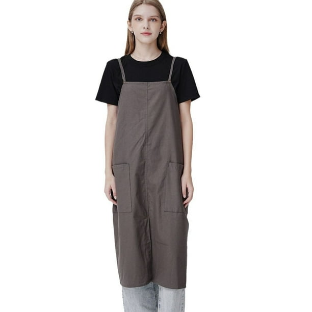 Vestido con delantal, estilo japonés y coreano, algodón y lino con bolsillos
