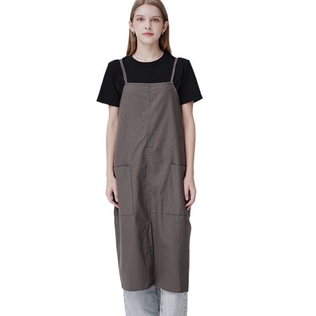 Vestido con delantal, estilo japonés y coreano, algodón y lino con bolsillos