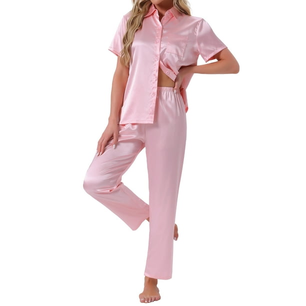 INSPIRAR CHIC Conjunto de Pijama de Satén para Mujeres, Camisa de Botones de Manga Corta con Solapa y Pantalones, Conjuntos de Ropa de Casa de 2 Piezas, Rosa