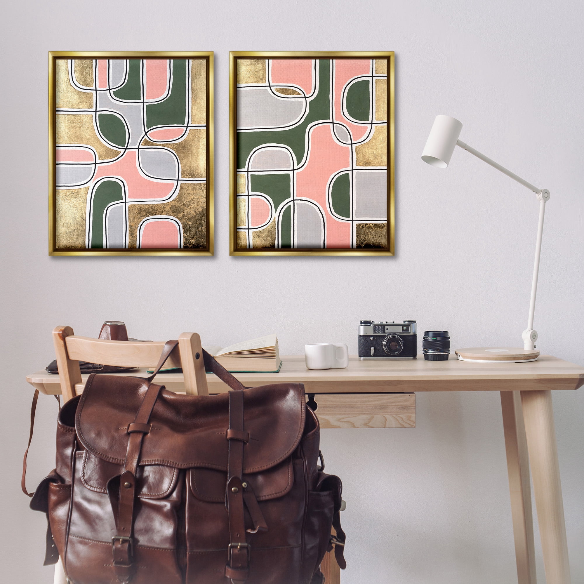 Stupell Industries Overlapping Shapes on Glam Abstract Painting Gold Floater Framed Canvas Art Print Wall Art, 25 x 31, Set of 2
