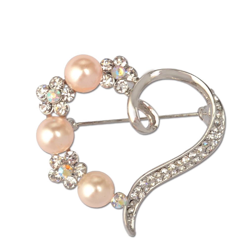 Love Heart Brooch Pin Style Delicate Simulate Pearl Rhinestone Rose Gold Plated Cocktail Dess Gift
