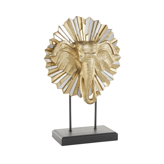 15" x 22" Gold Resin Elephant Sculpture with Mirrored Sunburst Accent and Black Stand, by DecMode