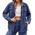 thumbnail image 4 of Nowekniz Women's Hooded Denim Shacket Jacket, Drawstring Button Front Long Sleeve Washed Jean Jacket with Pockets, Casual Western Outerwear, 4 of 7