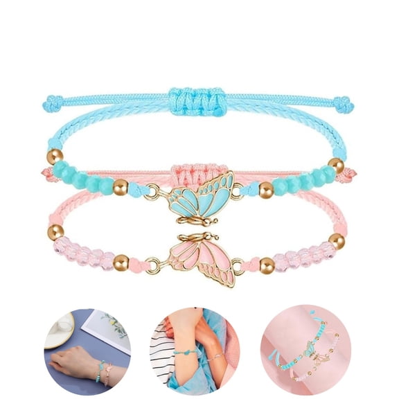 Butterfly Matching Bracelets,2-Pack Adjustable Strand Best Friends Bracelet,Relationship Jewelry Gifts for Friendship (Pink Blue)