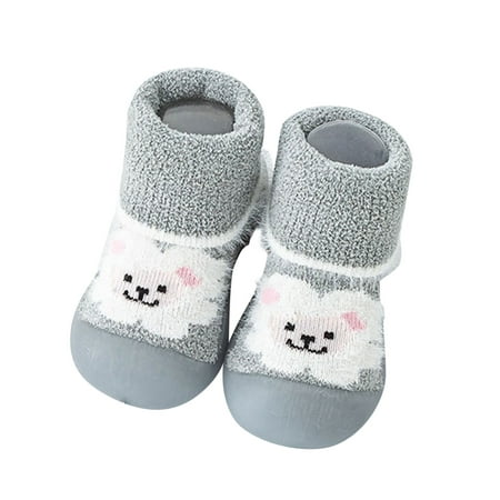 

Grey Baby Sneakers Infant Boys Girls Animal Cartoon Socks Shoes Toddler Fleece WarmThe Floor Socks Non Slip Prewalker Shoes