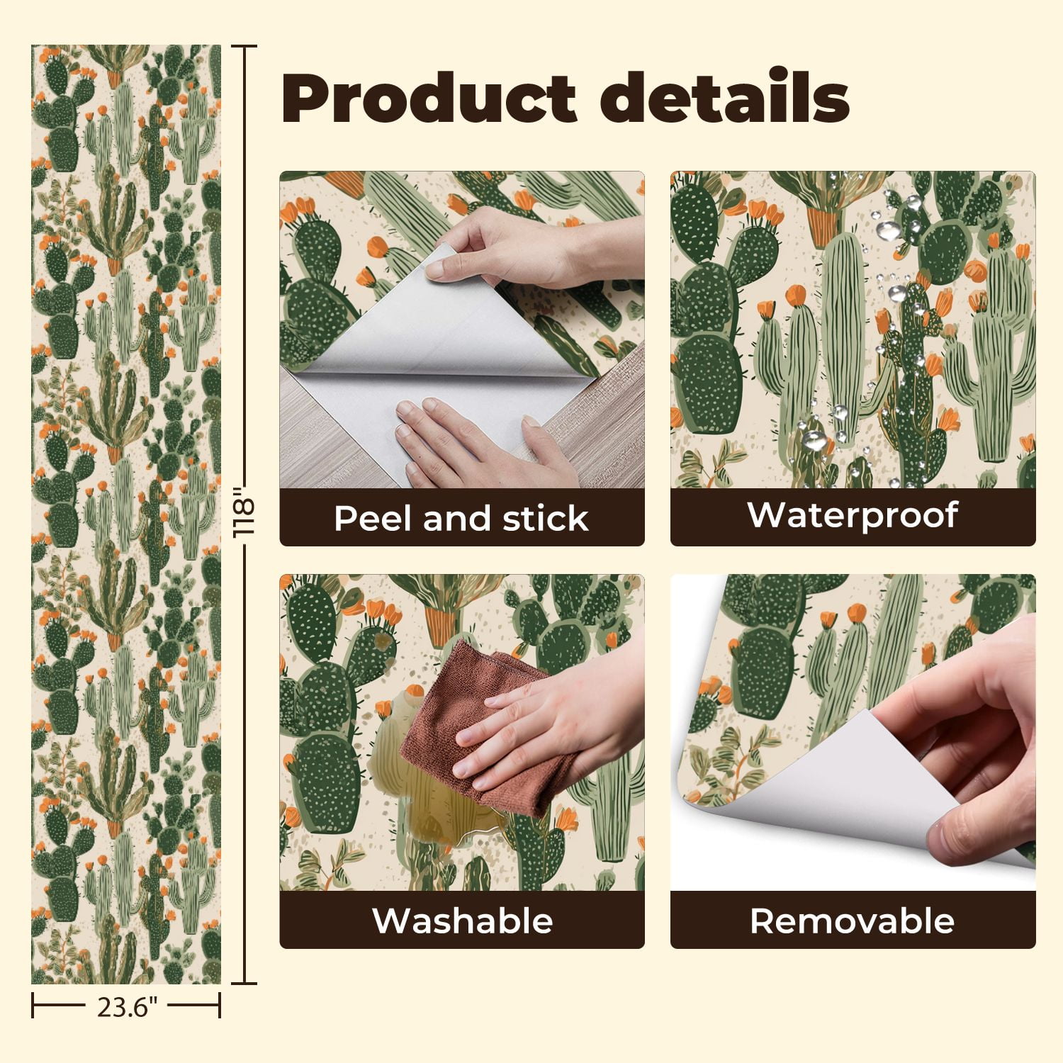 Peel and Stick Wallpaper 23.6in x 9.8ft Desert Cactus Succulent Orange Blooms Contact Paper Vinyl Self-Adhesive Removable Wall Paper for Bedroom DIY Home Decor Renter Friendly