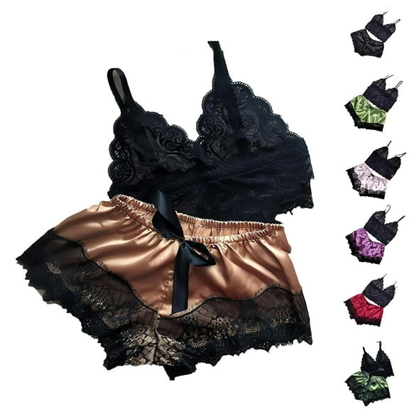 Bovxnpu Silk Satin Pajamas Set for Women, 2 Piece Loungewear Set, Women's Lace Lace Patchwork Pajamas And Women's Home Clothes Dark Green L