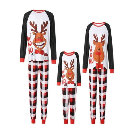 

Christmas Family Matching Pajamas Set Elk Letter Printing Plaid Raglan Long Sleeve Round Collar Sleepwear