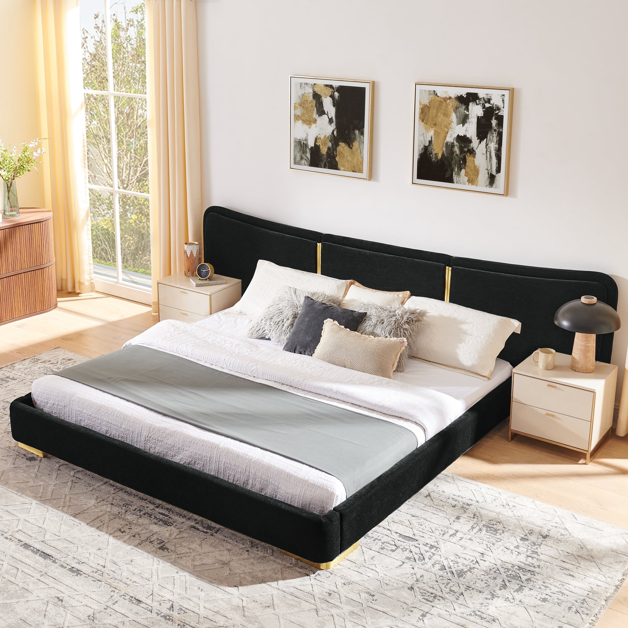 King Size Platform Bed with Extra Large Curved Headboard in Black