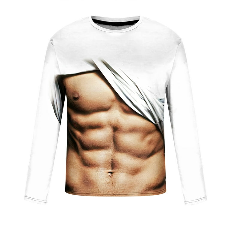 VSSSJ Men's Casual Shirts Relaxed Fit 3D Funny Fake Muscle Print Long  Sleeve Round Neck Pullover T-Shirt Fashion Workout Graphic Tee White XXL 