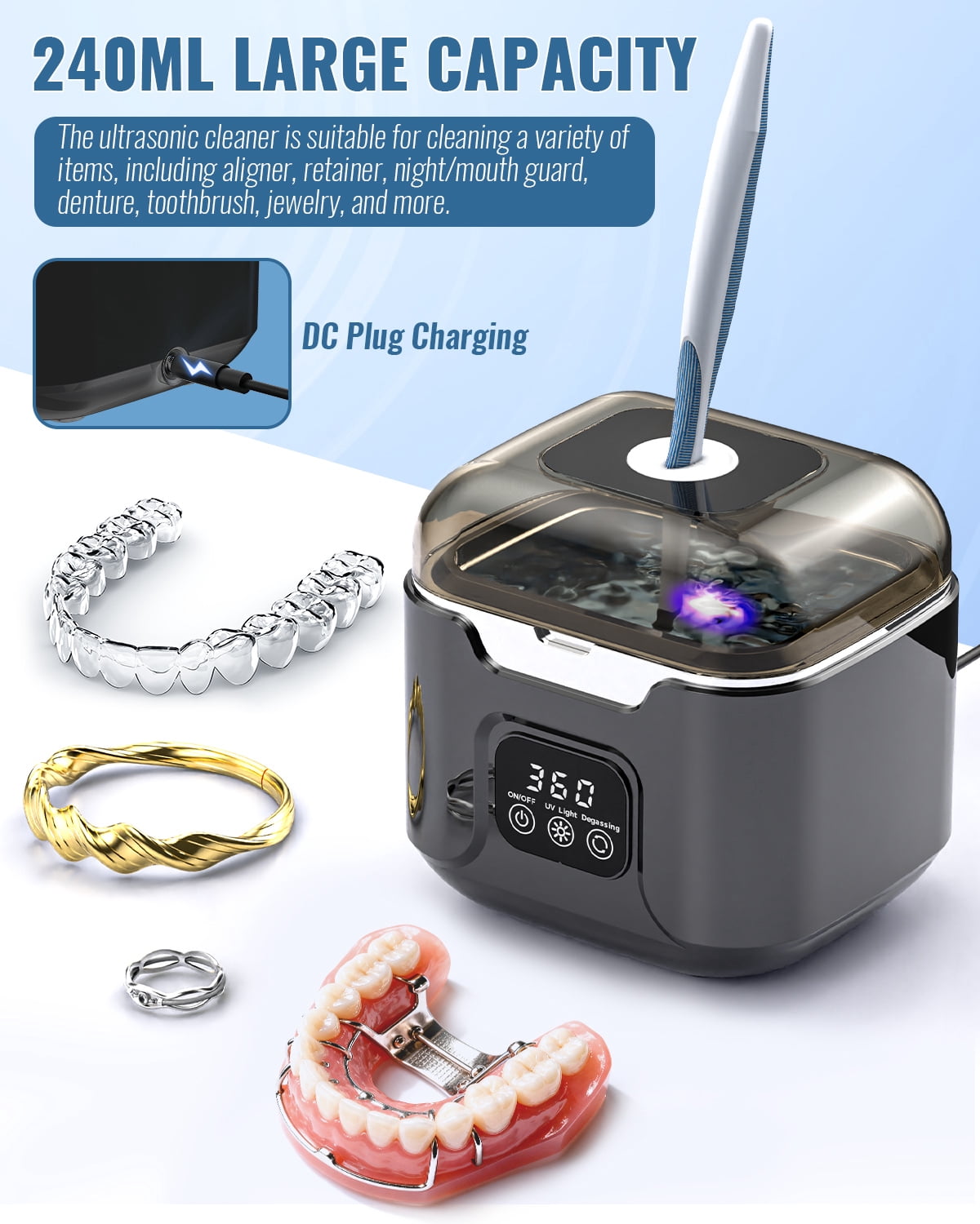 OVIMAZ Ultrasonic Retainer Cleaner, 48kHz Jewelry Cleaning Machine for Retainers, Dentures, Mouth Guards, Braces, Rings, Watches, 240ml 304 Stainless Steel Tank