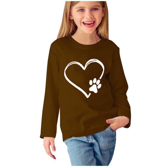MeetoTime Girls Long Sleeve Tops Spring Fall Crewneck Heart Printed Dressy Tunic Tops Children's Pullover Undershirt
