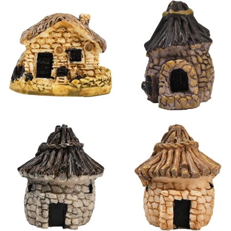 4Pcs Miniature Resin House Tiny Resin Houses Mini Cottage DIY Micro Landscape Fairy Garden Ornament Imitation Stone Village Hut Figurines for Bonsai Plant Pot Patio Outdoor Decor Supplies