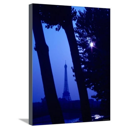 View of Eiffel Tower Landmark Through Tree Trunks at Night with Lens Flare from Shining Moon Stretched Canvas Print Wall (Best View Of Eiffel Tower At Night)