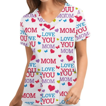 

Ozmmyan Womens Tops Scrubs for Women Short Sleeve V-neck Scrubs Tops Working Uniform Printed with Two Pockets Blouse Nursing Uniform Saving Clearance