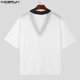 thumbnail image 5 of INCERUN Tops 2024 estilo coreano sexy para hombre a rayas con cuello en V transparente camisetas casuales ropa de calle fina de media manga camiseta S-5XL, 5 of 5