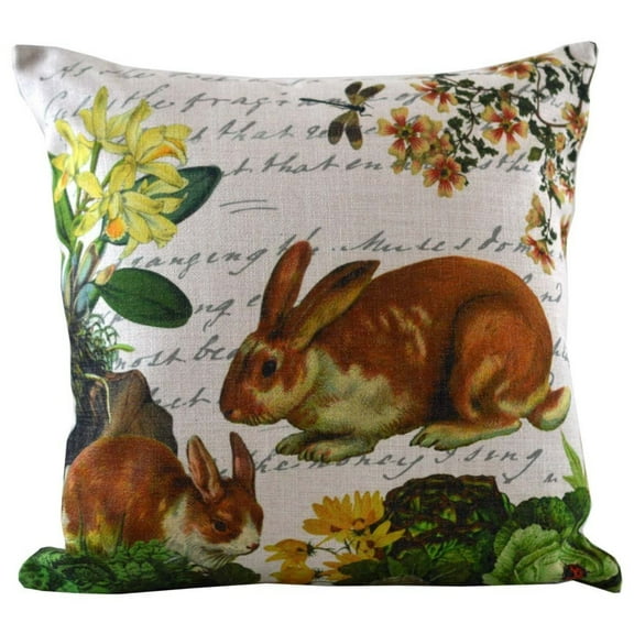 Golden Hill Studio 18" Brown Bunnies with Floral Accents and Calligraphy Background Throw Pillow