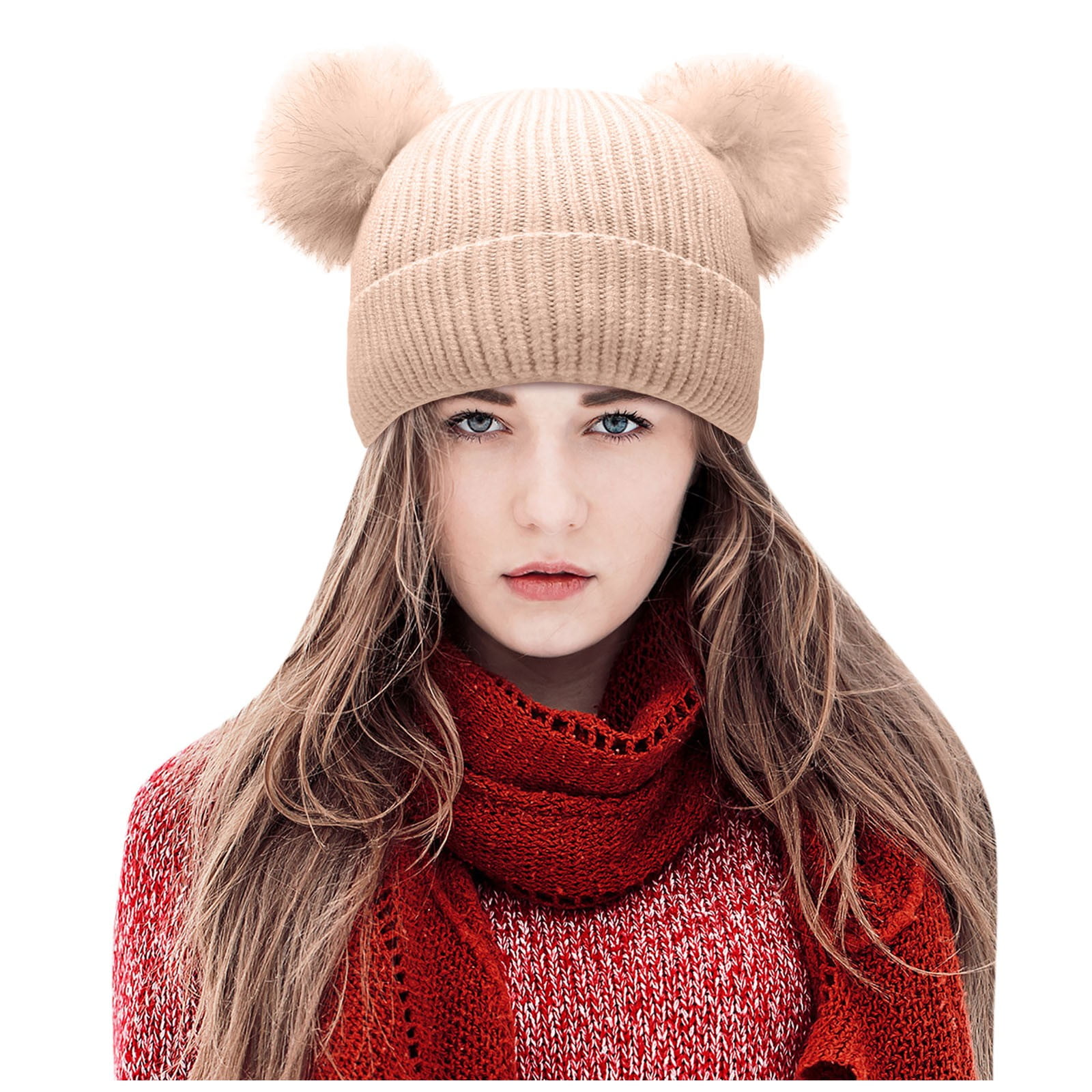 mveomtd Hats With Ears Cap Cable Winter Cute Hat Knit Warm Soft Women's Detachable Ball Baseball