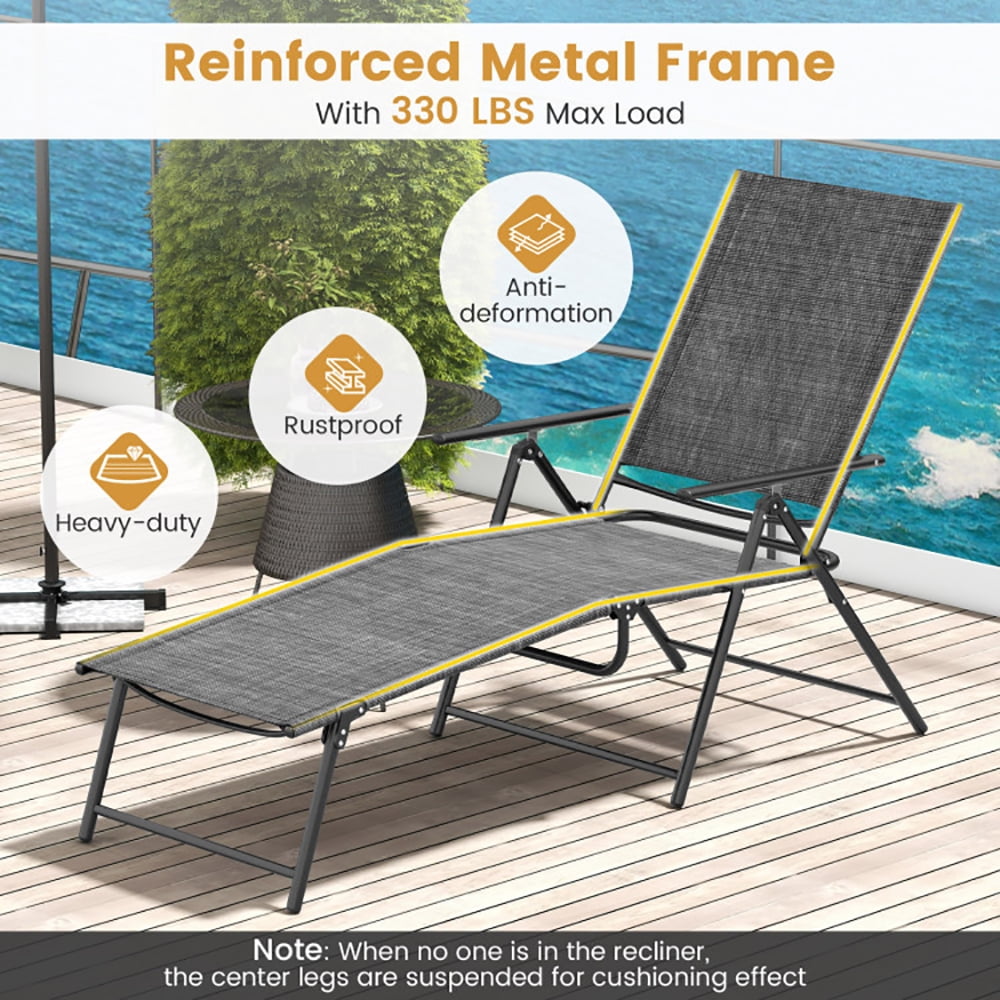 Aimee Lii 2 Piece Patio Folding Chaise Lounge Chairs Recliner with 6-Level Backrest, Patio Loungers, Gray