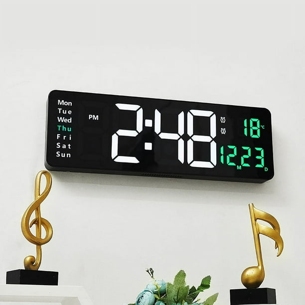 Reloj de pared digital con pantalla grande reloj digital LED con temperatura y atenuacion automatica seguimiento facil de la hora la fecha y el dia de la semana con control remoto verde