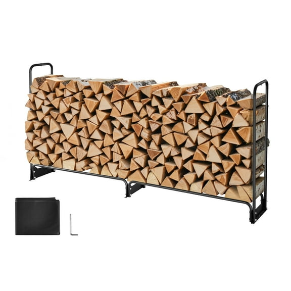KFFKFF Outdoor Firewood Rack with Waterproof Cover, 101 x 14 x 46 in, 660lb Capacity, 1/2 Cord Log Holder, Powder-Coated Wood Storage for Fireplace or Deck