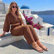 Cushionaire Resort Strappy Sandals for Women, Vegan Leather Memory Foam Flat Women's Sandals with Toe Ring