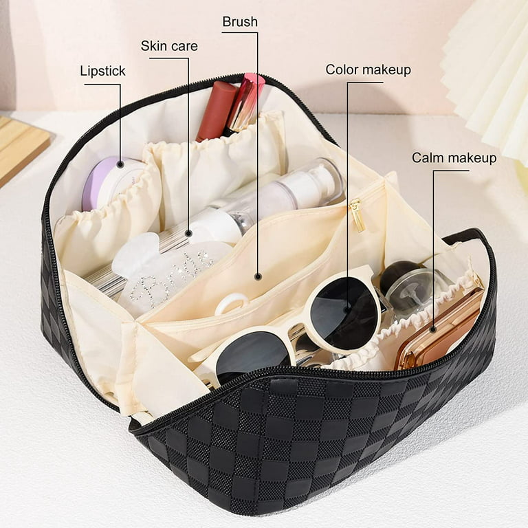 Large Capacity Travel Cosmetic Bag Plaid Checkered Makeup Bag Portable  Leather Waterproof Skincare Bag with Handle and Divider for Women 01-White
