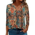 thumbnail image 2 of JTZGDY Ethnic Style Shirts for Women Vintage Striped/Color Block/Floral/Plaid Print 3/4 Sleeve V Neck Graphic T-Shirts Trendy Oversized Western Tunic Blouse Brown#03 S, 2 of 6