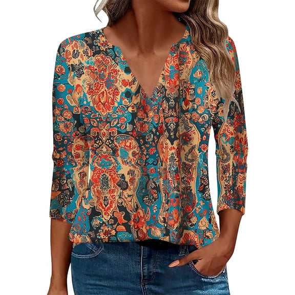 Womens 3/4 Sleeve Tops and Blouses Spring Tops for Women Women's Fashion Boho Shirts Floral Printed T-Shirt 3/4 Sleeves Blouse V-Neck Casual Tops Brown M