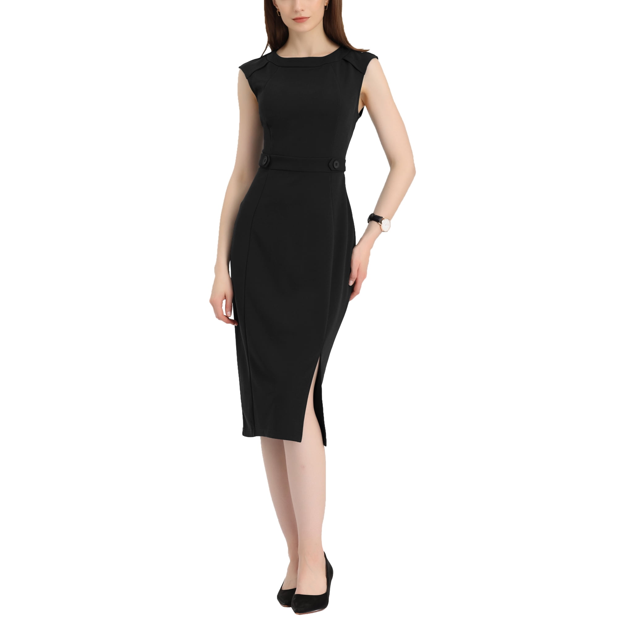 Unique Bargains Round Neck Work Sheath Dress for Women s Slim Fit Sleeveless Pencil Dresses Black XL