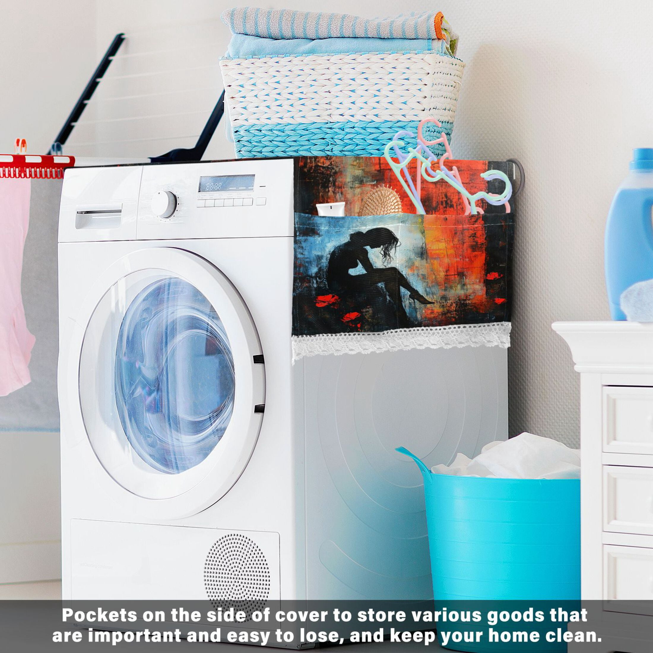 Lonely WomanWasher and Dryer Covers Dust-Proof and Oil Resistant Fridge Cover with 4 Storage Pockets Washing Machine Top Cover for Laundry Kitchen Home 51.2 x 22 In