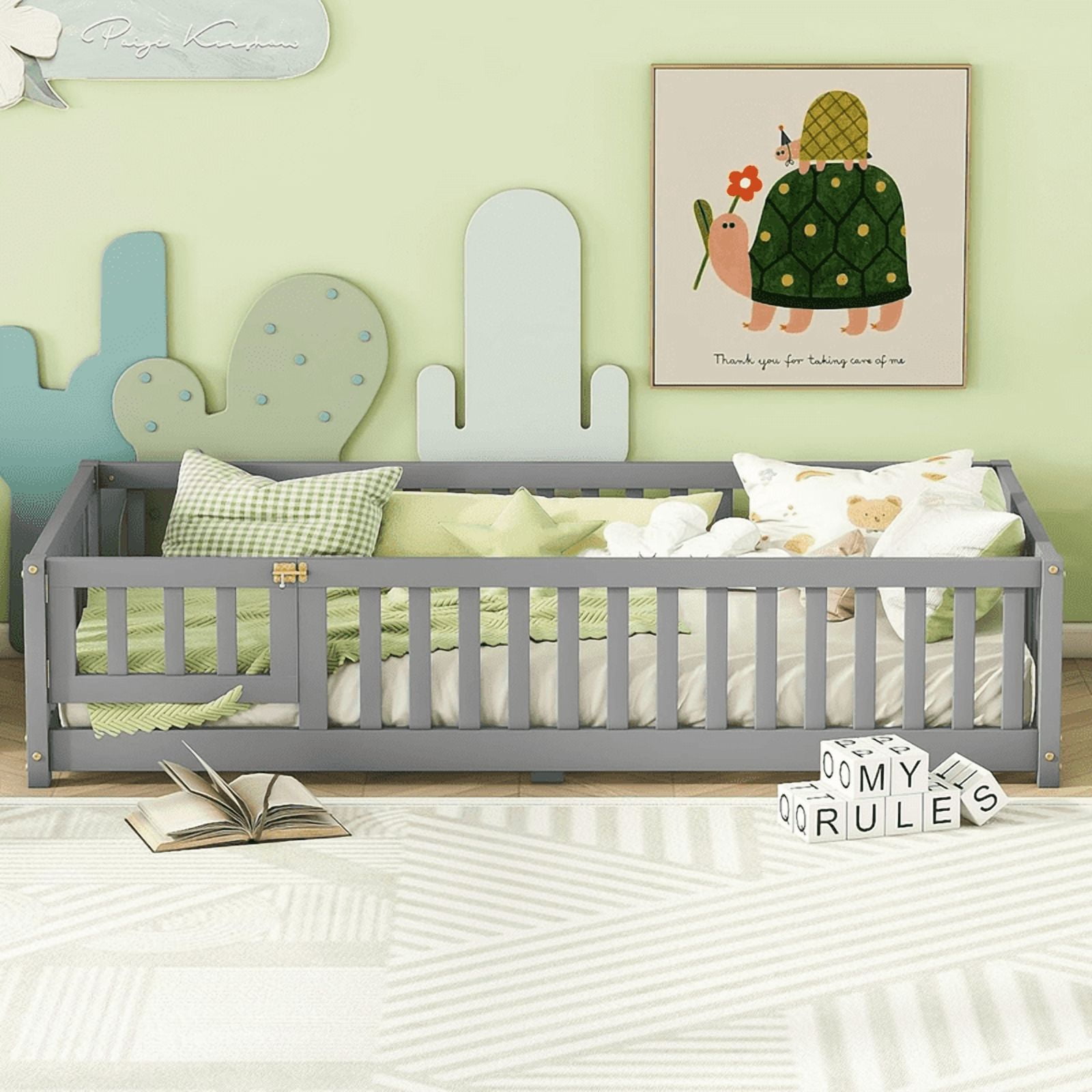 Montessori Bed with Rails, Twin Size Floor Bed with Door & Slats Support, Wood Playhouse Bed with Fence, No Box Spring Needed,Gray