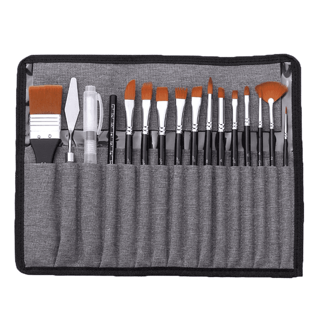 Juego De 18 Pinceles De Dibujo Para Acuarela Aceite Acrílico Estuche Bolsa Gris con Negro
